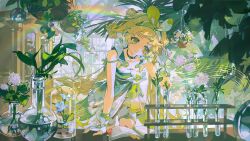 Rule 34 | 1girl, absurdres, arm support, blonde hair, book, bow, chinese clothes, cup, dress, flower, green dress, green eyes, hairband, hanfu, highres, holding, indoors, libuqilai, long hair, looking at viewer, plant, potted plant, qixiong ruqun, rainbow, ruqun, solo, table, test tube, vase, verina (wuthering waves), very long hair, white flower, window, wrist cuffs, wuthering waves, yellow eyes