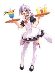 Rule 34 | 1girl, artist request, blue hair, collar, cup, drinking glass, drinking straw, food, fruit, holding, holding tray, izumi ako, lock, mahou sensei negima!, maid, maid headdress, padlock, padlocked collar, red eyes, shoes, simple background, smile, solo, source request, thighhighs, tray, white background, white thighhighs