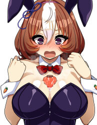Rule 34 | 1girl, @ @, alternate costume, animal ears, ao (user xcnx5328), blush, breasts, brown hair, carrot, cleavage, collarbone, commentary request, hair ornament, horse girl, large breasts, leotard, looking at viewer, medium hair, meisho doto (umamusume), playboy bunny, simple background, solo, tears, umamusume, white background