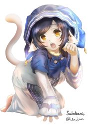 Rule 34 | 1girl, absurdres, ainu clothes, all fours, animal ears, aquaplus, barefoot, black hair, blush, breasts, brown eyes, cat tail, coat, eyes visible through hair, fang, feet, full body, gradient eyes, hair over one eye, highres, hood, hood up, kuon (utawarerumono), long hair, long sleeves, medium breasts, multicolored eyes, open mouth, raised eyebrows, sabohani, sidelocks, signature, solo, swept bangs, tail, tongue, utawarerumono, utawarerumono: itsuwari no kamen, white tail, wide sleeves, yellow eyes