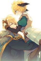 Rule 34 | 1boy, 1girl, armor, black shirt, blonde hair, blue cape, blush stickers, breasts, brown gloves, cape, closed eyes, echo (circa), fate/grand order, fate (series), faulds, fur-trimmed cape, fur trim, gareth (fate), gawain (fate), gloves, gold trim, green eyes, green shirt, green shorts, hair flaps, hug, layered clothes, long sleeves, medium breasts, open mouth, pantyhose, puffy short sleeves, puffy sleeves, shirt, short hair, short sleeves, shorts, smile, white pantyhose