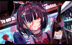 Rule 34 | 1boy, 2girls, animal ears, bad id, bad tumblr id, black hair, blood, blood writing, bottle, close-up, collar, commentary, cross, cross necklace, dutch angle, earrings, english commentary, english text, expressionless, eyepatch, fake animal ears, gloves, hair ornament, hairclip, highres, holding, indoors, japanese text, jewelry, latin text, looking at viewer, medium hair, multiple earrings, multiple girls, necklace, orange eyes, original, partially translated, pink gloves, portrait, scar, scar on face, solo focus, suspenders, tokikosann, translation request, wine bottle