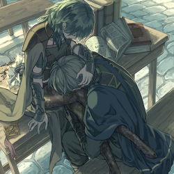 Rule 34 | 1boy, 1girl, bench, black pantyhose, blue cape, brown cape, byleth (female) (fire emblem), byleth (fire emblem), cape, closed eyes, comforting, couple, dimitri alexandre blaiddyd, fire emblem, fire emblem: three houses, green hair, hand in another&#039;s hair, harusame (rueken), hetero, indoors, long hair, nintendo, pantyhose, sitting, sitting on table, spill