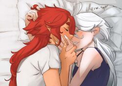 Rule 34 | 2girls, bed, blush, closed eyes, couple, covering own mouth, cuddling, gundam, gundam suisei no majo, hand in another&#039;s hair, ink gmbt, long hair, lying, miorine rembran, multiple girls, on side, pillow, red hair, shirt, smile, suletta mercury, t-shirt, white hair, yuri