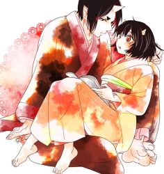 Rule 34 | 1boy, 1girl, black hair, blush, book, e-0057, eyeshadow, hoozuki (hoozuki no reitetsu), hoozuki no reitetsu, horns, japanese clothes, looking at another, makeup, mole, mole under eye, on lap, oni horns, peach maki, playing with another&#039;s hair, short hair