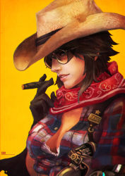 Rule 34 | 1girl, absurdres, bandana, belt, between fingers, blue eyes, bra, breasts, brown-tinted eyewear, brown hair, buttons, cape, cassidy (overwatch), casual, cigar, cleavage, closed mouth, cowboy hat, crop top, genderswap, genderswap (mtf), glasses, gun, hair between eyes, handgun, hat, highres, holding, holding cigar, holster, lace, lace-trimmed bra, lace trim, looking at viewer, mechanical arms, monori rogue, open clothes, open shirt, overwatch, overwatch 1, pistol, scarf, sheath, sheathed, shirt, short hair, sidelocks, simple background, single mechanical arm, solo, sunglasses, taut clothes, taut shirt, tinted eyewear, torn clothes, torn hat, unbuttoned, unbuttoned shirt, underwear, upper body, weapon