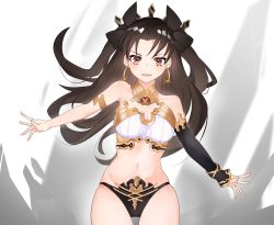Rule 34 | 1girl, armlet, bikini, black bikini, black hair, black headwear, breasts, cowboy shot, detached sleeves, earrings, fate/grand order, fate (series), hair ribbon, highres, hoop earrings, ishtar (fate), jewelry, long hair, looking at viewer, medium breasts, mismatched bikini, navel, neck ring, open mouth, outstretched arms, panties, parted bangs, red eyes, ribbon, single sleeve, smile, solo, spread arms, swimsuit, tiara, two side up, underwear, white bikini, zukki0731