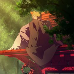 Rule 34 | 1boy, architecture, east asian architecture, from behind, from side, jacket, jacket on shoulders, japanese clothes, male focus, obobkkp, one piece, outdoors, plant, roronoa zoro, sitting, solo, topknot
