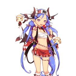 Rule 34 | 3girls, arm strap, blue hair, blvefo9, candy apple, charmy (uchi no hime-sama), demon girl, demon horns, demon tail, demon wings, food, groin, hand on own face, head wings, heart, heart-shaped pupils, holding, horns, kneehighs, long hair, looking at viewer, mini person, minigirl, multiple girls, navel, neck ribbon, official art, open mouth, pleated skirt, pointy ears, red eyes, ribbon, ribbon-trimmed legwear, ribbon trim, skirt, socks, symbol-shaped pupils, tail, thigh strap, transparent background, uchi no hime-sama ga ichiban kawaii, very long hair, wings, wristband