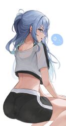 Rule 34 | 1girl, anger vein, blue eyes, blue hair, blush, crop top, highres, hoangryu, hololive, hololive dance practice uniform, hoshimachi suisei, long hair, looking back, midriff, open mouth, panties under shorts, shorts, simple background, sitting, solo, spoken anger vein, sports bra, sweat, sweaty clothes, virtual youtuber, wet, wet clothes, white background