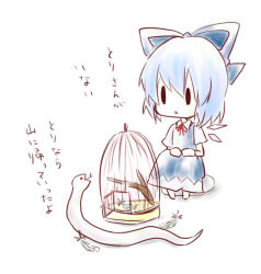 Rule 34 | 1girl, bad id, bad pixiv id, blue hair, bow, branch, cage, chibi, cirno, fairy, feathers, forked tongue, hair ribbon, kuro (pixiv882091), kuromame (8gou), mishaguji, ribbon, short hair, snake, solo, embodiment of scarlet devil, tongue, touhou, translated, white snake, wings