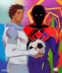 Rule 34 | 1boy, 535zip, absurdres, artist name, ball, bodysuit, brown hair, feet out of frame, happy, highres, jacket, looking at viewer, male focus, manly, marvel, mature male, miguel o&#039;hara, multicolored background, muscular, muscular male, red eyes, shaded face, short hair, signature, smile, soccer ball, solo, spider-man: across the spider-verse, spider-man (2099), spider-man (series), spider-verse, tight clothes, upper body