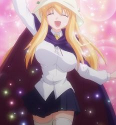 Rule 34 | 00s, blonde hair, bouncing breasts, breasts, cape, elf, hat, huge breasts, pointy ears, screencap, stitched, thighhighs, third-party edit, tiffania westwood, waving, zero no tsukaima, zettai ryouiki