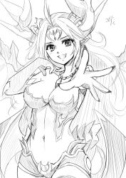 Rule 34 | 1girl, ahoge, bad id, bad pixiv id, breasts, cleavage, collarbone, demon girl, demon horns, demon tail, demon wings, elbow gloves, fingernails, gloves, greyscale, grin, hera-is (p&amp;d), hera (p&amp;d), highres, horns, jewelry, koge niku (kogeniku-203812), kogeniku, large breasts, long hair, looking at viewer, low wings, monochrome, multiple wings, navel, navel piercing, necklace, outstretched arm, outstretched hand, piercing, puzzle &amp; dragons, sharp fingernails, simple background, sketch, smile, solo, tail, white background, wings
