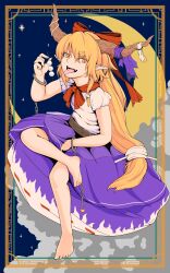 Rule 34 | 1girl, art nouveau, bow, chain, cloud, cuffs, hair bow, highres, horn bow, horn ornament, horn ribbon, horns, ibuki suika, looking to the side, moon, night, night sky, oni, open mouth, orange hair, pointy ears, red bow, ribbon, shackles, sky, soretsu nitohei, touhou