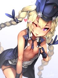 Rule 34 | 1girl, ;p, bare shoulders, blonde hair, blue background, blue gloves, blue hat, blue necktie, blue skirt, blue vest, blush, braid, breasts, commentary request, fingerless gloves, girls&#039; frontline, gloves, hair between eyes, hat, heart, highres, leaning forward, long hair, looking at viewer, miniskirt, navel, necktie, nipples, no bra, one eye closed, open clothes, open shirt, open vest, pleated skirt, purple eyes, shirt, short necktie, skirt, sleeveless, sleeveless shirt, small breasts, smile, solo, sr-3mp (girls&#039; frontline), thigh strap, tongue, tongue out, twin braids, usuki (graygreed), v-shaped eyebrows, very long hair, vest, white shirt, wink