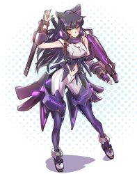 Rule 34 | 1girl, animal ears, armor, black hair, blake belladonna, cat ears, check commentary, color connection, commentary request, highres, iesupa, mecha musume, navel, neon lights, rwby, sleeveless, solo, sword, tonfa, weapon, yellow eyes