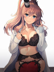 Rule 34 | 1girl, black bra, black panties, blue eyes, bra, breasts, brown hair, cleavage, closed mouth, collarbone, hair between eyes, kantai collection, kasumi (skchkko), large breasts, long hair, looking at viewer, navel, open clothes, open shirt, panties, red thighhighs, saratoga (kancolle), shirt, side ponytail, smile, solo, thighhighs, underwear, white shirt