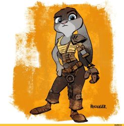Rule 34 | 1girl, artist request, blue eyes, rabbit, cosplay, crossover, disney, full body, imperator furiosa, imperator furiosa (cosplay), judy hopps, looking at viewer, looking back, mad max: fury road, standing, zootopia