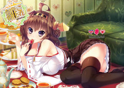 Rule 34 | 10s, 1girl, ahoge, braid, brown hair, checkerboard cookie, cookie, cup, detached sleeves, eating, food, green upholstery, heart, japanese clothes, kantai collection, katagiri hinata, kongou (kancolle), long hair, looking at viewer, nontraditional miko, panties, pantyshot, pink panties, plate, purple eyes, rising sun flag, sandwich, smile, solo, sunburst, tea, teacup, teapot, thighhighs, tiered serving stand, tiered tray, underwear, union jack, wide sleeves