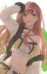 Rule 34 | 1girl, :d, arisugawa natsuha, arm up, bare shoulders, belt, black choker, breasts, brown hair, choker, cleavage, collarbone, criss-cross halter, crop top, cross-laced clothes, dutch angle, earrings, eyes visible through hair, facepaint, female focus, fur-trimmed jacket, fur trim, grey eyes, groin, hair between eyes, halterneck, hand in own hair, hand on own head, headset, highres, idolmaster, idolmaster shiny colors, jacket, jewelry, long hair, long sleeves, looking at viewer, medium breasts, microphone, midriff, mxwbr, navel, neck, o-ring, o-ring choker, off shoulder, open clothes, open jacket, open mouth, paint splatter, shirt, sleeveless, sleeveless shirt, smile, solo, upper body, white background, white jacket, yellow shirt