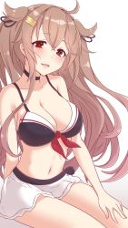 Rule 34 | 1girl, :d, alternate costume, bare shoulders, bikini, bikini skirt, black choker, blush, breasts, brown eyes, choker, cleavage, collarbone, gradient hair, hair flaps, hair ornament, hair ribbon, hand on own thigh, head tilt, heterochromia, highres, kantai collection, koumei (twinameless), light brown hair, long hair, looking at viewer, medium breasts, multicolored hair, murasame (kancolle), murasame kai ni (kancolle), navel, open mouth, red eyes, ribbon, simple background, sitting, smile, solo, stomach, swimsuit, thighs, twintails, two side up, white background