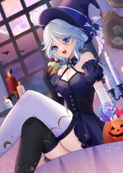 Rule 34 | 1girl, absurdres, bare shoulders, blue eyes, blue hair, blue hat, breasts, cleavage, furina (genshin impact), genshin impact, halloween, hat, highres, indoors, light blue hair, medium breasts, open mouth, shiroichigo, smile, solo, window