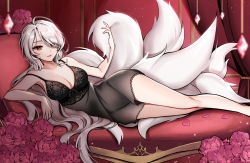 Rule 34 | 1girl, alternate costume, ara haan, bare shoulders, breasts, cleavage, collarbone, commentary, elsword, eun (elsword), facial mark, flower, fox tail, hamericano, highres, indoors, large breasts, lingerie, long hair, looking at viewer, lying, multiple tails, petals, red eyes, red flower, red rose, rose, slit pupils, solo, swept bangs, symbol-only commentary, tail, underwear, very long hair, white hair