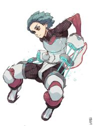 Rule 34 | 1girl, arms at sides, bad source, blue hair, breasts, closed mouth, des(desvitio), desorienter, jumping, legs, legs apart, lips, long sleeves, looking down, neck, nose, original, short hair, sidelocks, signature, small breasts, solo, weapon, white background