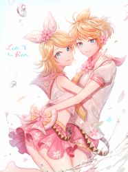 Rule 34 | 1boy, 1girl, ass, blonde hair, blue eyes, bow, brother and sister, character name, flower, hair bow, hair flower, hair ornament, hairband, hairclip, kagamine len, kagamine rin, looking at viewer, necktie, ozzingo, pink skirt, puffy short sleeves, puffy sleeves, short hair, short sleeves, siblings, skirt, sleeveless, smile, twins, vocaloid, white bow, x hair ornament, yellow necktie