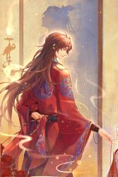 Rule 34 | 1boy, absurdres, arm behind back, chinese clothes, dress, fire, flower, glowing, hanfu, highres, hua cheng, long hair, looking at another, mumuda13531, red flower, red rose, rose, smoke, string, string of fate, tianguan cifu, wedding dress, xie lian
