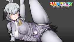 Rule 34 | 10s, 1girl, arm support, arm up, bad id, bad pixiv id, belt, belt buckle, bird tail, black gloves, black hair, blonde hair, blush, bodystocking, breast pocket, breasts, buckle, buttons, collared shirt, copyright name, gloves, grey shirt, grey shorts, highres, kemono friends, leg up, long hair, looking to the side, low ponytail, lying, mapar, medium breasts, multicolored hair, necktie, on side, pocket, shirt, shoebill (kemono friends), short shorts, short sleeves, shorts, side ponytail, silver hair, smile, solo, spread legs, tail, white necktie, wing collar, yellow eyes