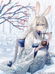 Rule 34 | 1girl, animal ear fluff, animal ears, artist name, asa no ha (pattern), back bow, bare tree, blue bow, blue eyes, blue nails, blue sash, blush, bow, bowl, braid, chinese zodiac, chopsticks, closed mouth, commentary request, coyucom, eating, eyelashes, fingernails, floral print, flower, food, food in mouth, hair between eyes, hair bow, hands up, highres, holding, holding bowl, holding chopsticks, japanese clothes, kimono, long hair, long sleeves, looking at viewer, mochi, mochi trail, nail polish, obi, obiage, original, outdoors, pixiv id, plum blossoms, print kimono, rabbit, rabbit ears, rabbit girl, rabbit tail, sash, seigaiha, shiruko (food), sidelocks, snow, solo, squatting, tail, tree, twin braids, twitter username, uroko (pattern), very long hair, white hair, white kimono, wide sleeves, winter, year of the rabbit