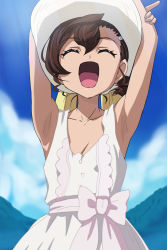 Rule 34 | 1girl, :d, ^ ^, armpits, arms up, blue sky, breasts, brown hair, cleavage, closed eyes, cloud, collarbone, day, dress, gegege no kitarou, hair between eyes, hair ornament, hairclip, haruyama kazunori, hat, inuyama mana, open mouth, outdoors, short hair, sky, small breasts, smile, solo, white dress, white hat