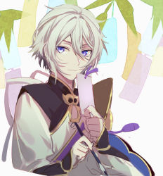 Rule 34 | 1boy, bamboo, bishounen, blue eyes, chinese clothes, csyday, fate/grand order, fate (series), grey hair, hair between eyes, male focus, paintbrush, prince of lan ling (fate), smile, solo, tanzaku