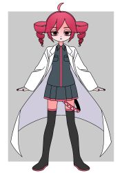 Rule 34 | 1girl, absurdres, arms at sides, black footwear, black shirt, black skirt, boots, border, coat, collared shirt, drill hair, expressionless, full body, half-closed eyes, headphones, highres, igaku (utau), kasane teto, long sleeves, looking at viewer, open clothes, open coat, outside border, parted lips, pleated skirt, red eyes, red hair, red nails, shirt, short hair, skirt, solo, standing, tadano tajima, thigh boots, thighhighs, twin drills, utau, white border, zettai ryouiki