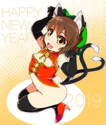 Rule 34 | 1girl, 2019, animal ear fluff, animal ears, bell, bow, brown hair, cat ears, cat tail, chen, chinese clothes, earrings, elbow gloves, fang, gloves, happy new year, hat, high heels, jewelry, kneeling, looking at viewer, mob cap, multiple tails, navel, nekomata, nengajou, new year, no panties, no pants, paw pose, red footwear, red vest, short hair, single earring, solo, tail, thighhighs, thighs, torque, touhou, two tails, vest, yellow eyes
