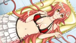 Rule 34 | 1girl, artist request, bare shoulders, bikini, breasts, game cg, hair between eyes, hair ornament, hairclip, lamia, large breasts, long hair, looking at viewer, midriff, miia (monster musume), monster girl, monster musume no iru nichijou, monster musume no iru nichijou online, navel, o-ring, o-ring bikini, official alternate costume, official art, pointy ears, red hair, scales, skirt, slit pupils, solo, swimsuit, white skirt, yellow eyes