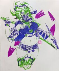 Rule 34 | 1girl, breasts, commentary, cropped legs, dated, fingerless gloves, fishnets, genshin impact, gloves, green hair, groin, highres, holding, holding sword, holding weapon, kuki shinobu, large breasts, limited palette, marker (medium), mask, microskirt, midriff, mouth mask, navel, photo (medium), poch4n, reverse grip, signature, skirt, solo, sword, traditional media, weapon