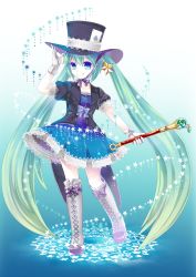 Rule 34 | 1girl, aqua eyes, boots, cross-laced footwear, dress, gloves, green hair, hat, hatsune miku, highres, knee boots, lace, lace-up boots, long hair, magical mirai (vocaloid), magical mirai miku, magical mirai miku (2013), smile, socha, solo, star (symbol), top hat, twintails, very long hair, vocaloid, wand