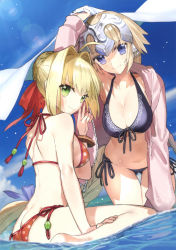 Rule 34 | 2girls, absurdres, ass, bare shoulders, bikini, blonde hair, blue eyes, bracelet, braid, breasts, butt crack, cleavage, collarbone, day, fate/grand order, fate (series), green eyes, hair bun, hand up, headpiece, highres, holding, jacket, jeanne d&#039;arc (fate), jewelry, leaning forward, long hair, long sleeves, looking at viewer, looking back, multiple girls, navel, nero claudius (fate), nero claudius (fate) (all), open clothes, open jacket, outdoors, partially submerged, polka dot, polka dot bikini, scan, simple background, single braid, sitting, sky, stomach, sunlight, swimsuit, v, wada arco, wariza, water