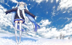 Rule 34 | 1girl, aqua eyes, blue hair, boots, cloud, coat, day, grin, hatsune miku, kahadu (kawazu), long hair, outstretched arms, scarf, skirt, sky, smile, snow, solo, spread arms, thigh boots, thighhighs, twintails, very long hair, vocaloid, white scarf, winter, yuki miku