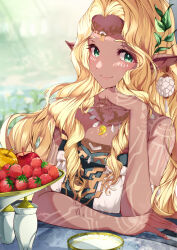 Rule 34 | 1girl, absurdres, apple, bare shoulders, blonde hair, blurry, blurry background, body markings, circlet, closed mouth, commentary request, dangle earrings, dress, earrings, elbow on table, elbow rest, flower, food, fruit, fruit bowl, green eyes, hair ornament, head rest, highres, jewelry, leaf hair ornament, long hair, looking at viewer, necklace, nintendo, outdoors, raspberry, risumi (taka-fallcherryblossom), smile, solo, sonia (zelda), strapless, strapless dress, sunlight, tan, the legend of zelda, the legend of zelda: tears of the kingdom, white dress