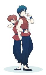 Rule 34 | 1boy, 1girl, back-to-back, black hair, blue eyes, braid, braided ponytail, breasts, chinese clothes, dual persona, highres, medium breasts, nmnm bbb, ranma-chan, ranma 1/2, red hair, saotome ranma, shadow, simple background, size difference, standing, tangzhuang, white background