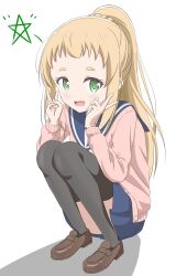 Rule 34 | 1girl, black thighhighs, blonde hair, blue sailor collar, blush, dot nose, double v, female focus, full body, green eyes, highres, inose mai, koisuru asteroid, long hair, open mouth, open sweater, pink sweater, ponytail, qb (qb46311027), sailor collar, school uniform, serafuku, shadow, shoes, simple background, sitting, sitting on face, sitting on person, skirt, solo, star (symbol), sweater, thighhighs, v, white background