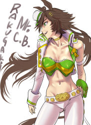 Rule 34 | 1girl, :d, animal ears, armband, breasts, brown hair, character name, choker, cleavage, commentary request, cowboy shot, crop top, fukami (trash sp), green eyes, green shirt, hair ornament, hairclip, hat, horse ears, jacket, long hair, medium breasts, midriff, mini hat, mini top hat, mr. c.b. (umamusume), navel, open clothes, open jacket, open mouth, pants, shirt, simple background, single bare shoulder, single sleeve, smile, solo, standing, stomach, strapless, strapless shirt, top hat, umamusume, very long hair, white background, white hat, white jacket, white pants, yellow choker