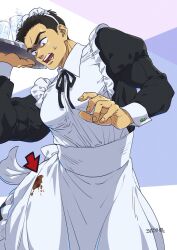 Rule 34 | 1boy, alternate costume, ao isami, apron, bara, black dress, black hair, crossdressing, dress, enmaided, facial hair, feet out of frame, frilled apron, frills, highres, holding, holding tray, lageins, large pectorals, maid, maid apron, maid headdress, male focus, male maid, muscular, muscular male, pectorals, puffy sleeves, sideburns stubble, solo, spiling, stained clothes, standing, stubble, sweatdrop, thick eyebrows, tray, turn pale, white apron, wrist cuffs, yuuki bakuhatsu bang bravern