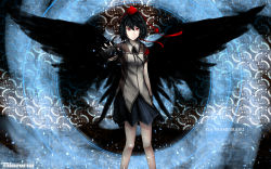 1girl black_hair black_wings camera female_focus hat highres looking_at_viewer red_eyes shameimaru_aya short_hair skirt smile solo swordwaltz tokin_hat touhou wings