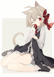 Rule 34 | 1girl, ;), ahoge, animal ears, apple, black dress, black footwear, blush, bow, brown hair, cat ears, cat girl, cat tail, closed mouth, commentary request, dress, food, frilled dress, frills, fruit, grey background, hair between eyes, hair bow, highres, holding, holding food, kemonomimi mode, loafers, long sleeves, one eye closed, red apple, red bow, red eyes, rumia, sh (shinh), shirt, shoes, sitting, sleeveless, sleeveless dress, smile, socks, solo, striped, striped bow, tail, touhou, two-tone background, wariza, white background, white shirt, white socks