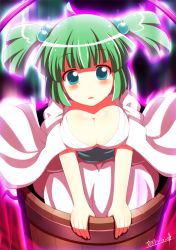 Rule 34 | 1girl, alternate breast size, aura, bad id, bad pixiv id, blue eyes, blush, breasts, bucket, cleavage, collarbone, female focus, green hair, hair bobbles, hair ornament, in bucket, in container, japanese clothes, kimono, kisaragi zwei, kisume, large breasts, looking at viewer, md5 mismatch, aged up, sash, solo, touhou, twintails, v arms, wide sleeves, wooden bucket, yukata